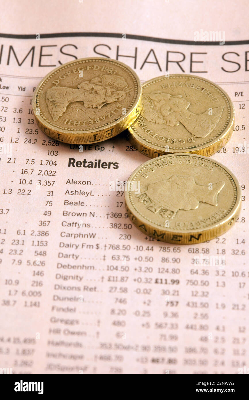 Retailers stocks and shares in the Financial Times newspaper with pound coins - concept of the value of retail shares, UK Stock Photo
