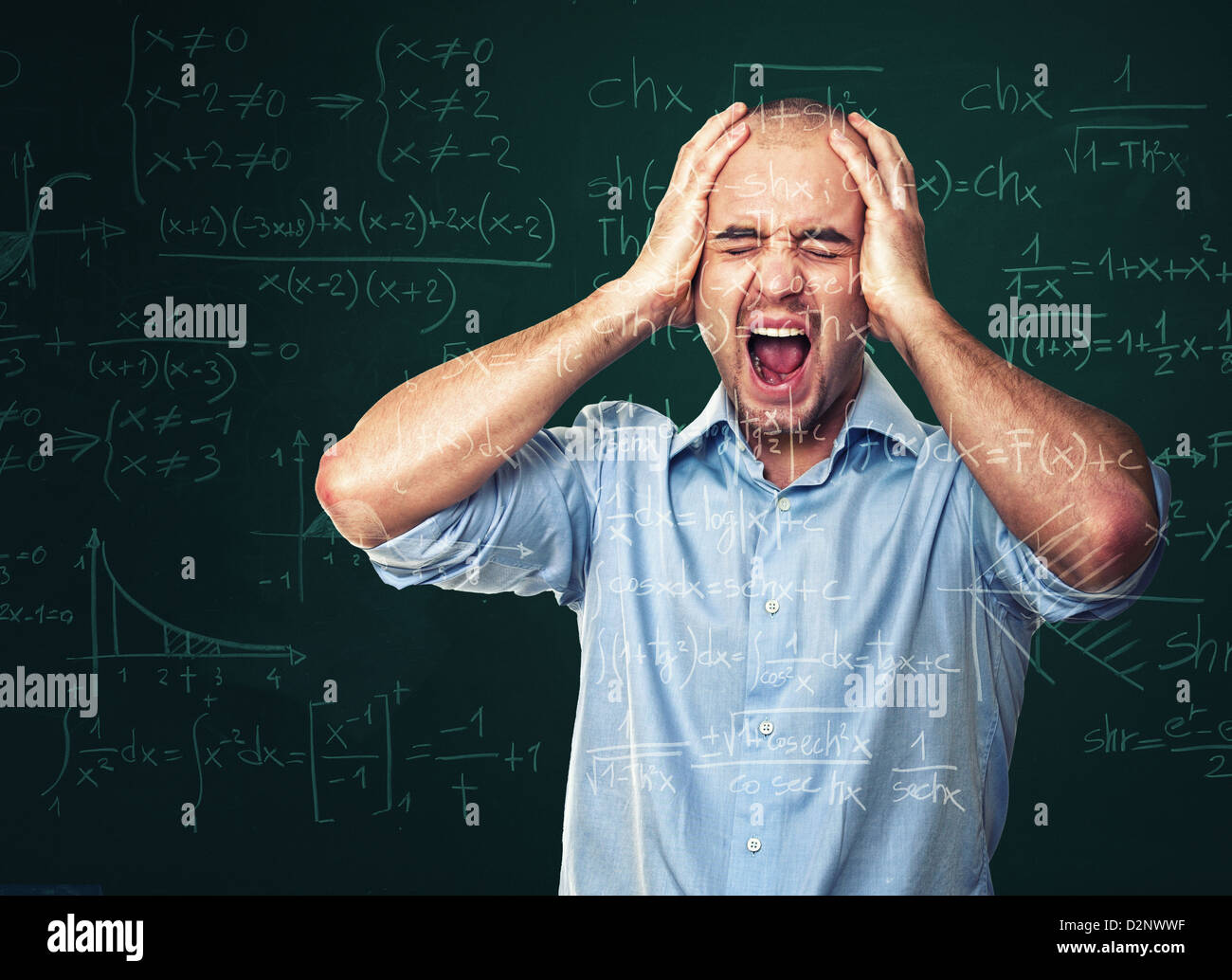 desperate teacher and blackboard background Stock Photo