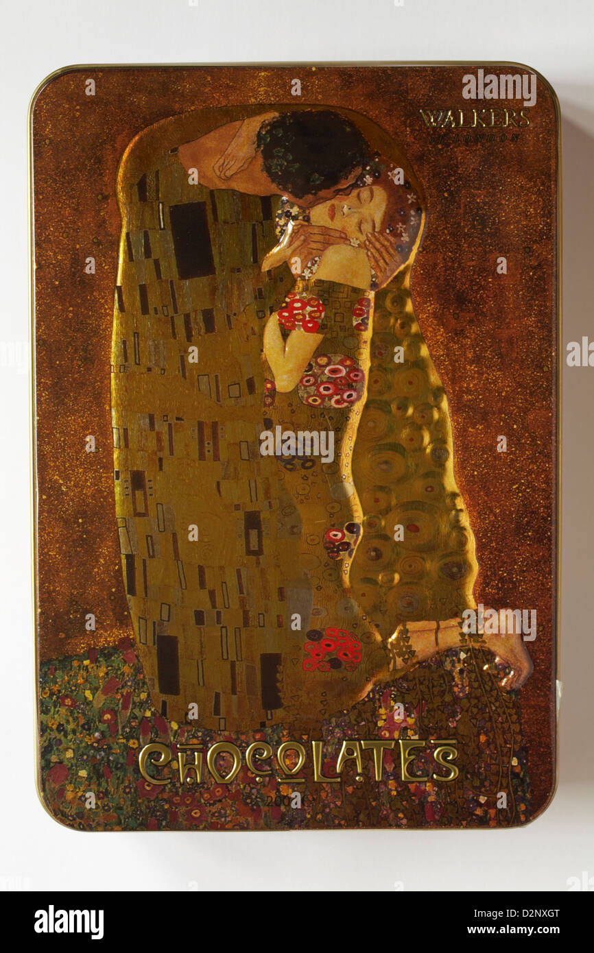 Gustav Klimt's The Kiss embossed chocolate tin with Walkers Chocolates isolated on white background Stock Photo