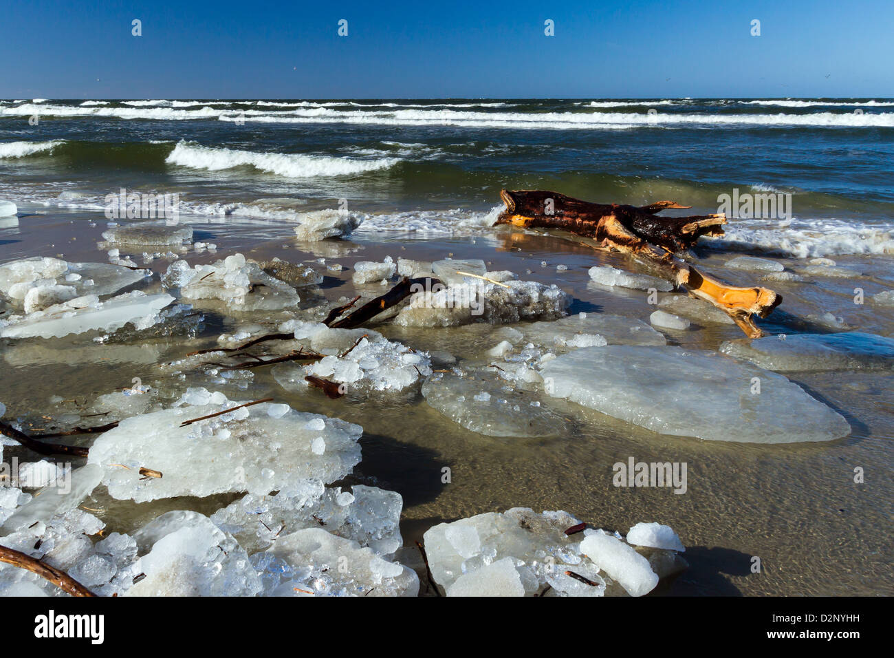 Horizontal shot of frozen sea and floe on the beach of Baltic sea. Stock Photo