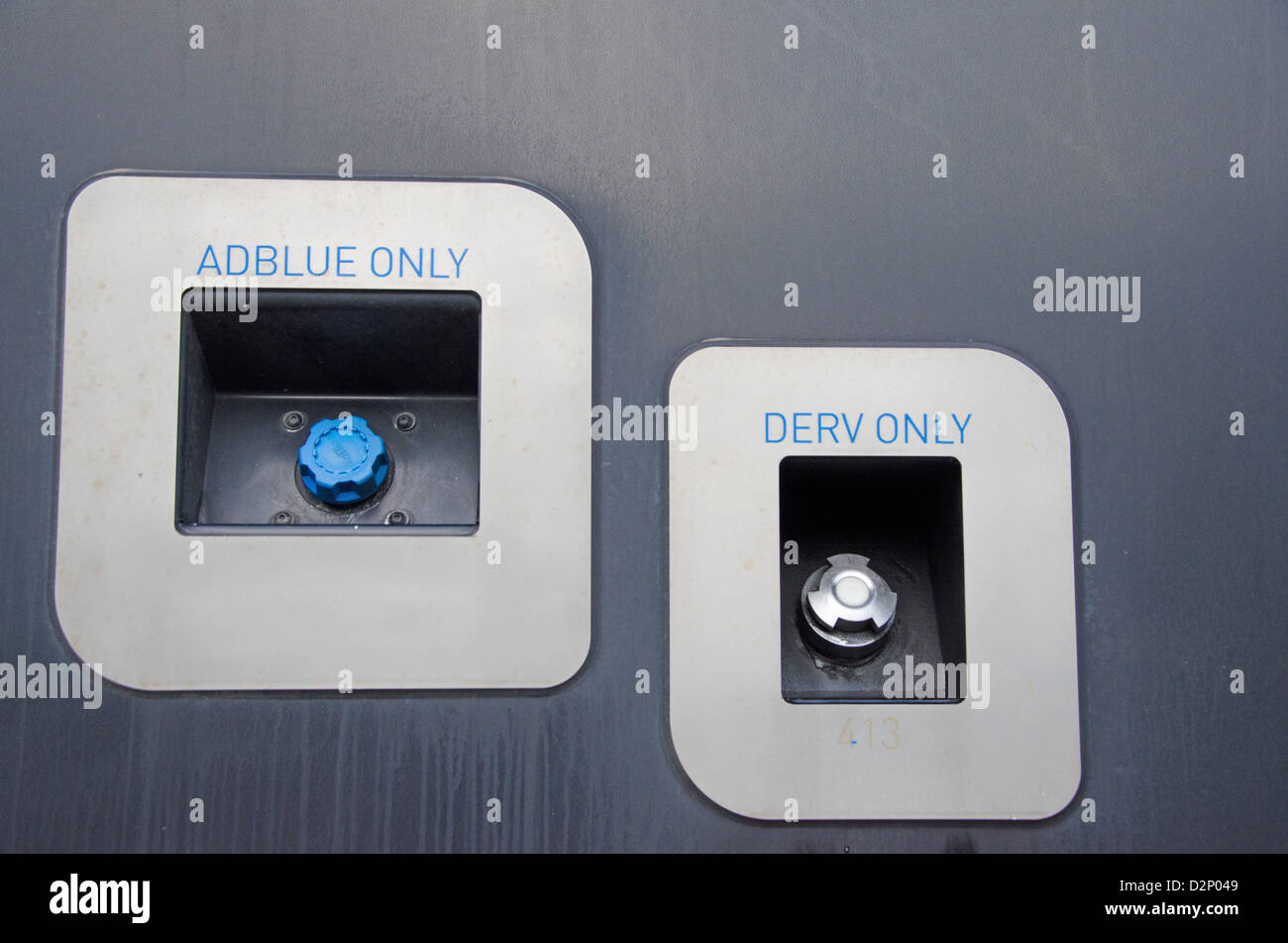 Adblue and derv fuel filler caps on Bus Stock Photo