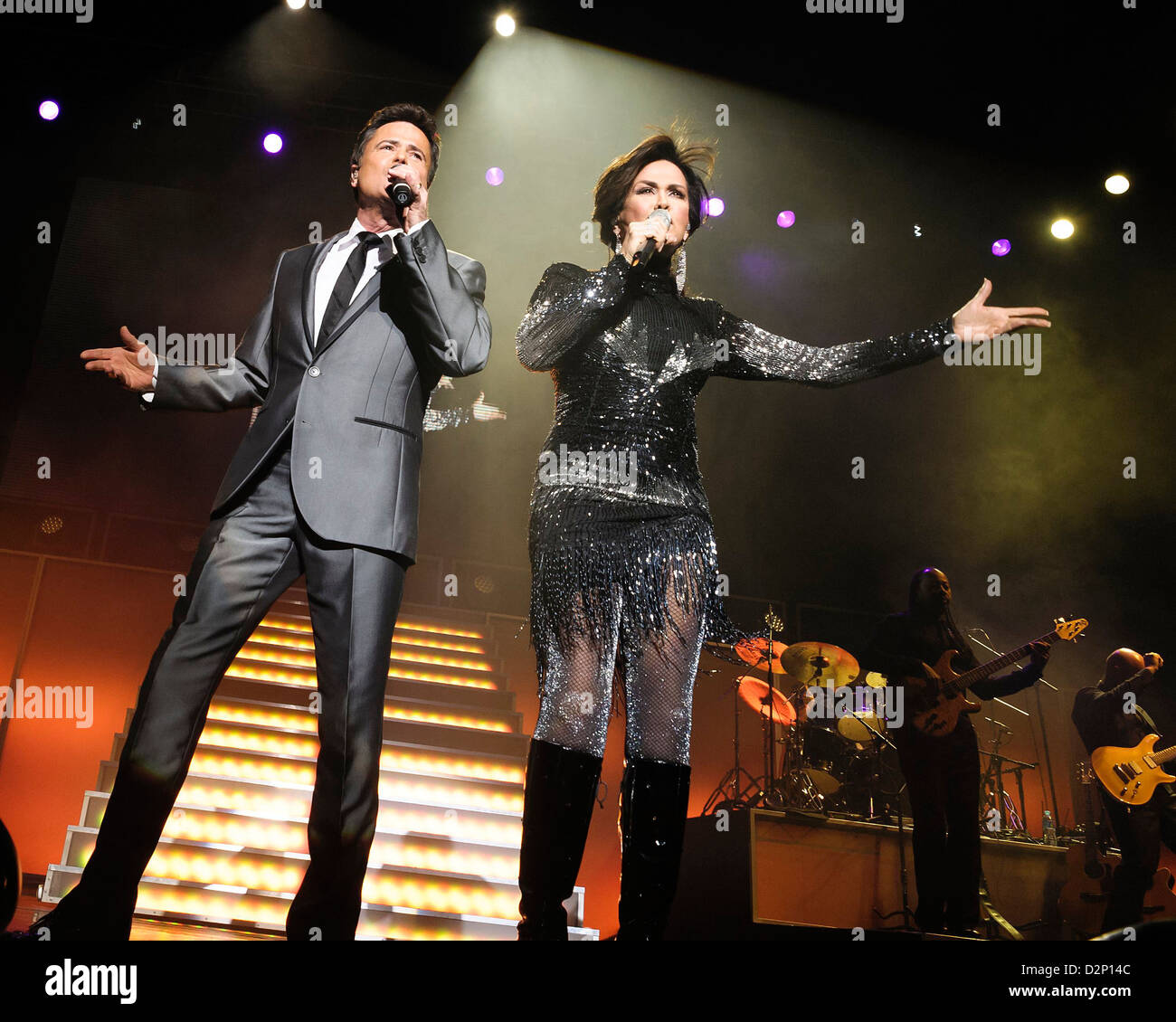 Donny and Marie  plays Brighton Centre on 21/01/2013 at Brighton Centre, Brighton. The award winning performers celebrate their 50 plus years in entertainment with a tour of the UK taking fans on a journey through their many unforgettable hits - from classics such as 'One Bad Apple' and “Paper Roses” to 'Love Me For A Reason' and 'Crazy Horses'. Persons pictured: Donny Osmond, Marie Osmond. Picture by Julie Edwards Stock Photo
