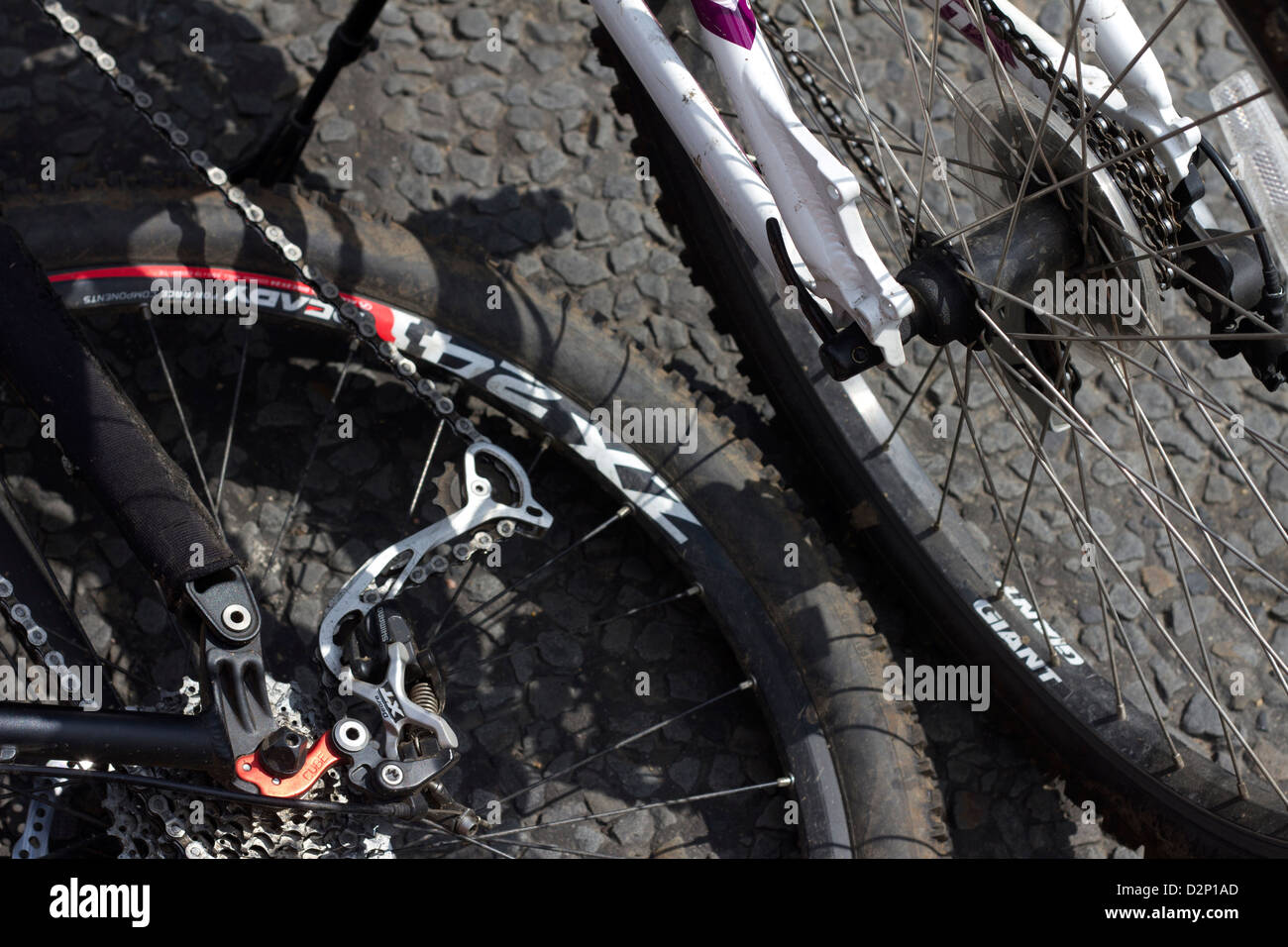 Cycle wheels, chains and derailleur. Stock Photo