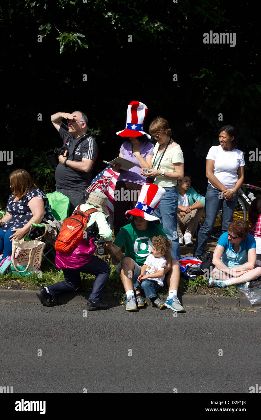 Spectators awaiting the mens' cycle road race at the London 2012 Olympics. Stock Photo