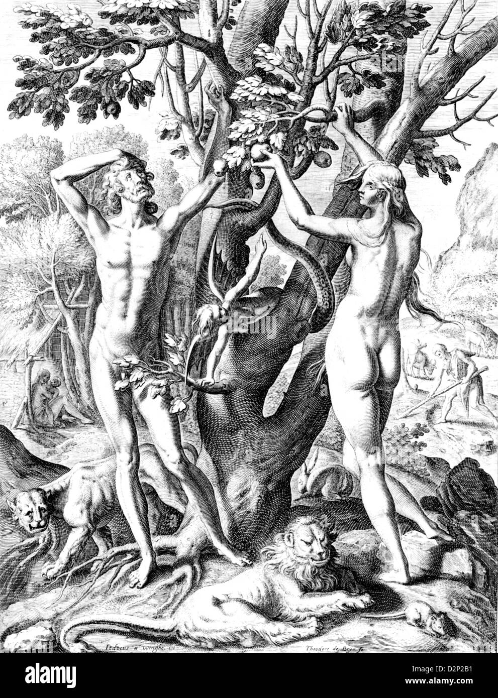 ADAM AND EVE  Engraving from book by Thomas Hariot  'A Briefe and True Report of the New Found Land of Virginia'  London 1590 Stock Photo