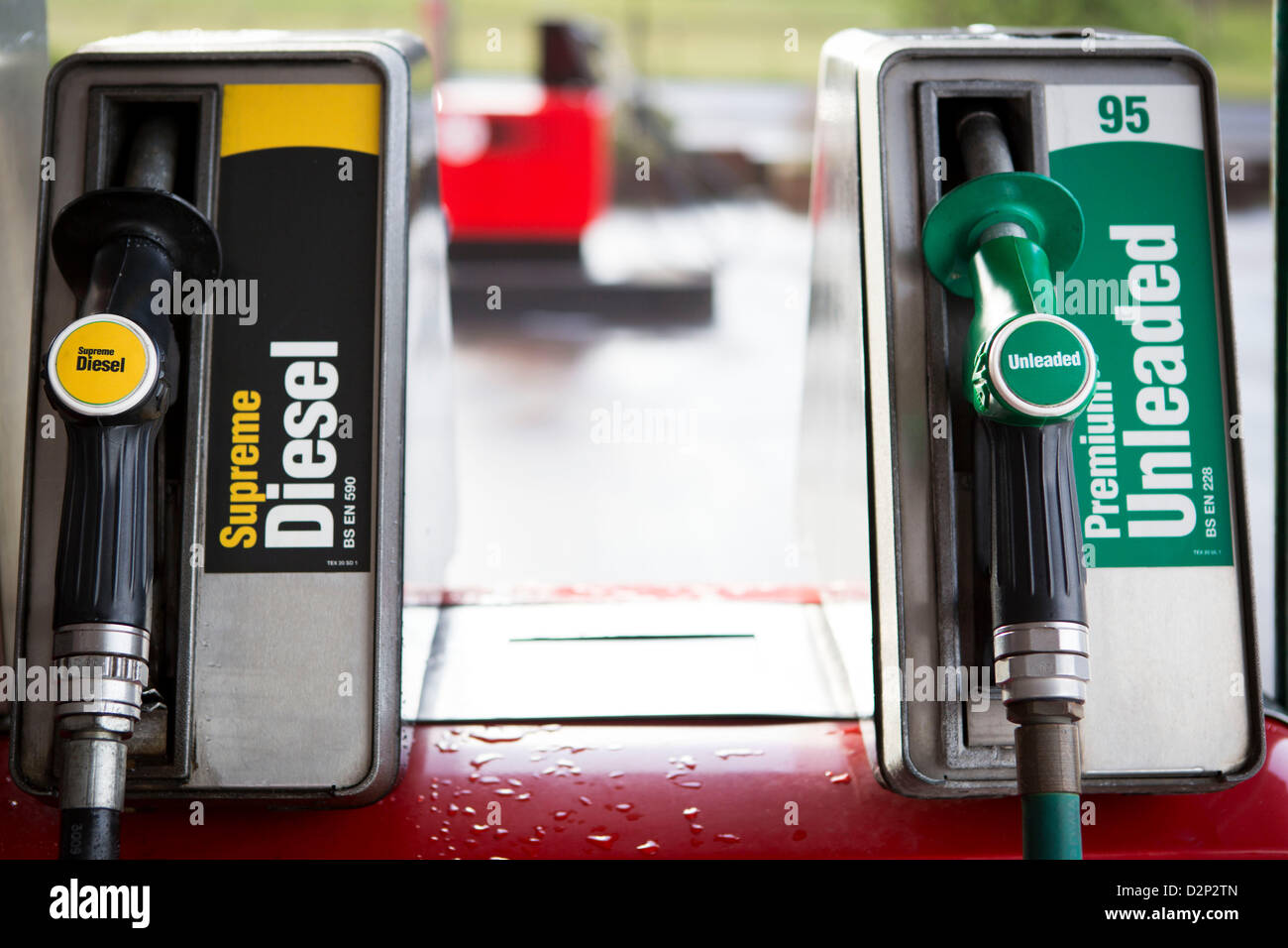 A close up view of a unleaded petrol pump. Stock Photo