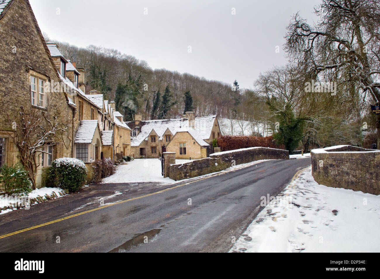 Winter snow scene of the picturesque village of Castle Combe, Cotswolds, England Stock Photo