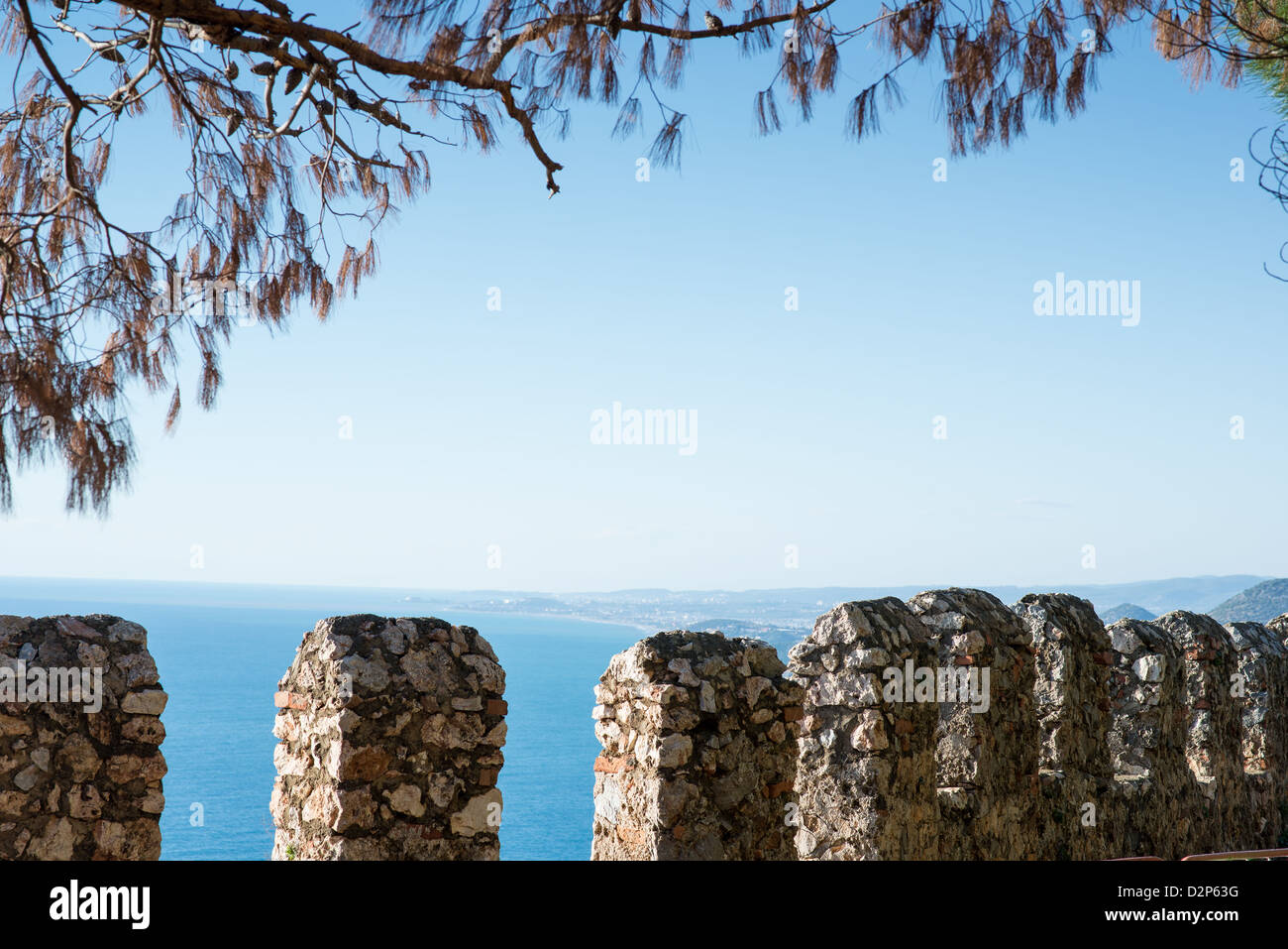 Crenelated battlement at the fortress of Alanya built by the Seljuk Turks in the thirteenth century. Stock Photo