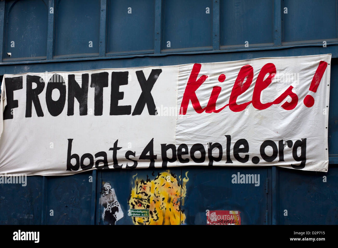 A sign protesting against Frontex in Amsterdam. Stock Photo