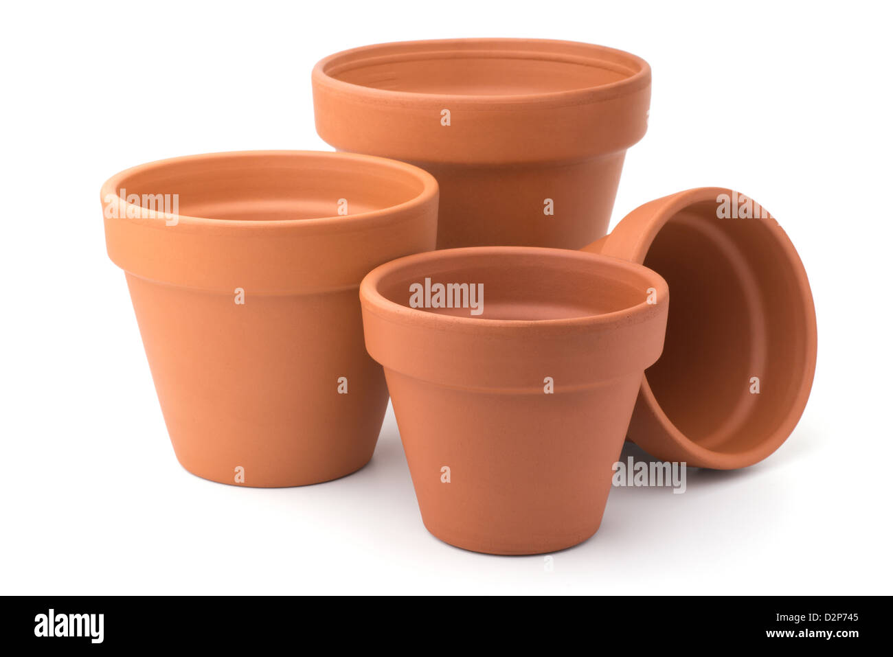 Gardening group of empty ceramic flower pots, isolated on white Stock