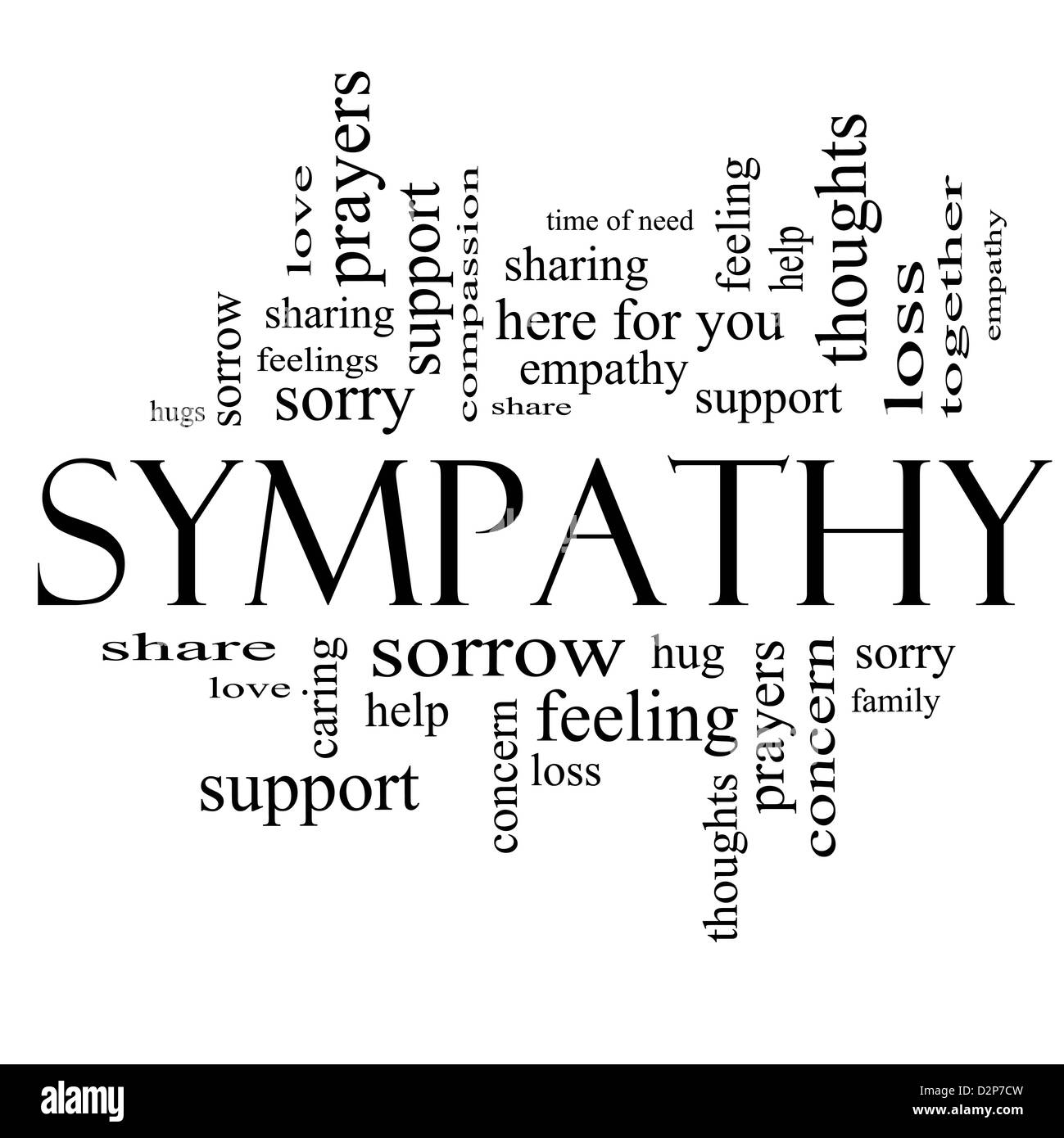 Sympathy Word Cloud Concept in black and white with great terms such as sorrow, feelings, loss, support, prayers, thoughts Stock Photo