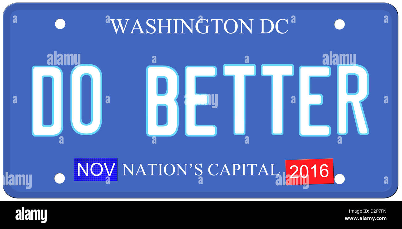 An imitation Washington DC license plate with November 2016 stickers