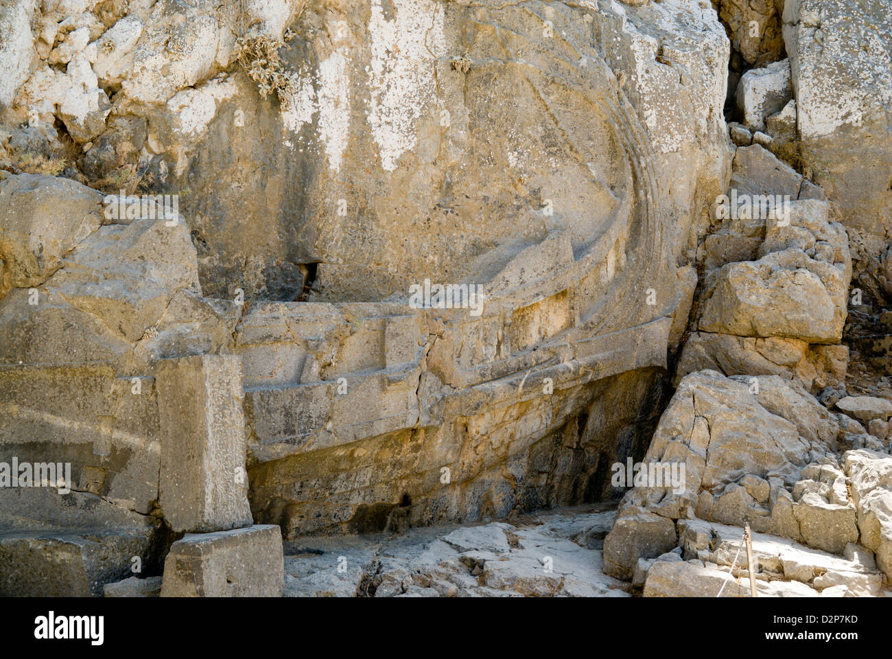 rock carving of ancient ship the acropolis lindos rhodes dodecanese islands greece Stock Photo
