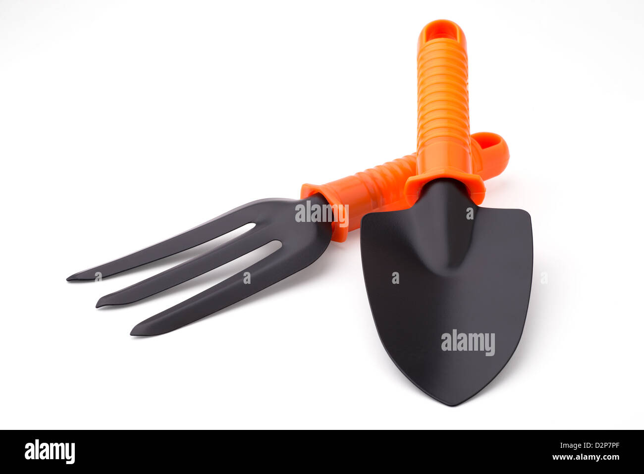 Gardening: trowel and digging fork, isolated on white background Stock Photo