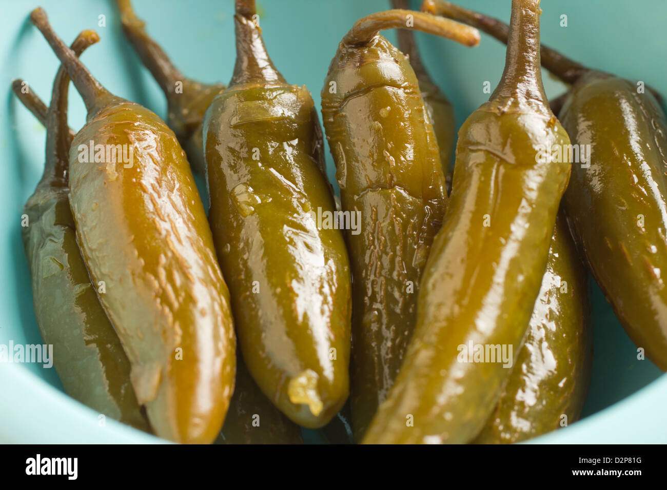 Mexican pickled Serrano peppers Stock Photo