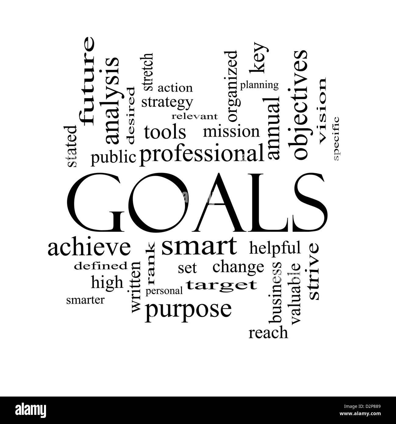 Goals Word Cloud Concept in black and white with great terms such as planning, missions, smart, set, high and more. Stock Photo