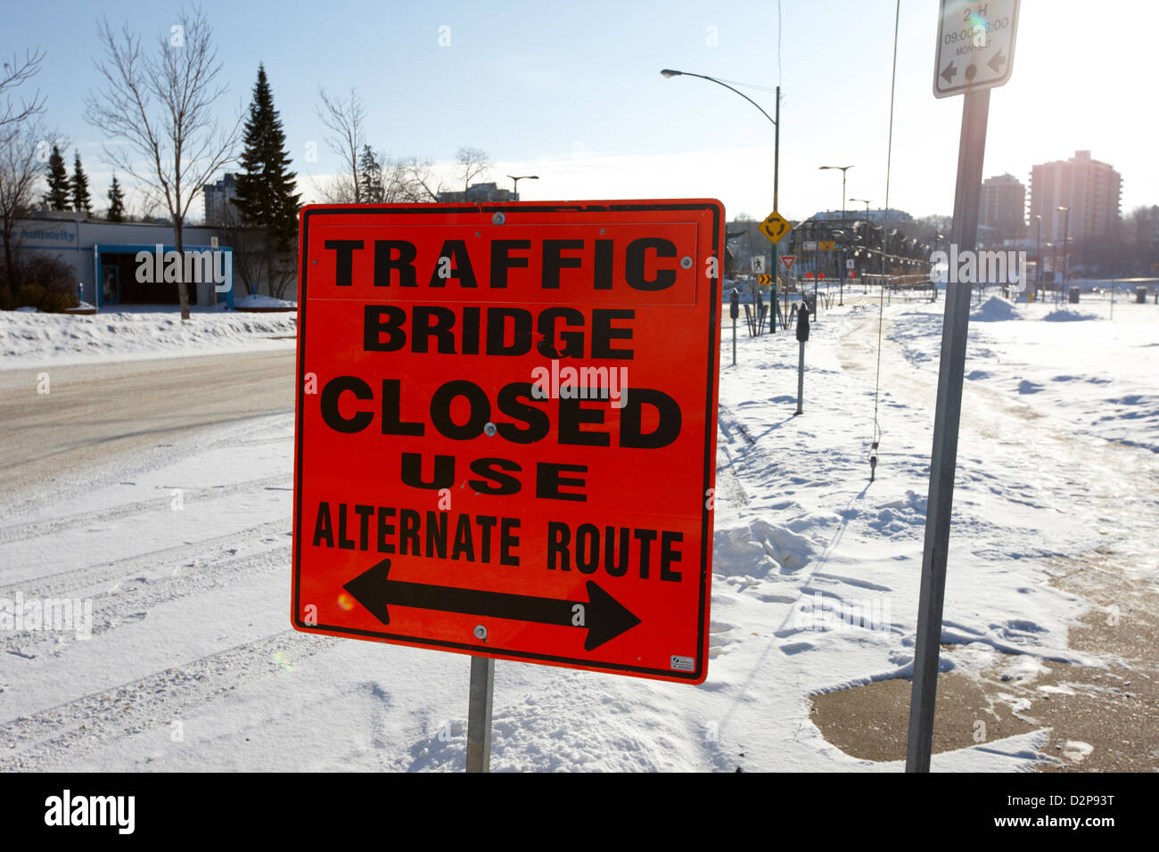 the closed old traffic bridge over the south saskatchewan river in winter downtown Saskatoon Saskatchewan Canada Stock Photo