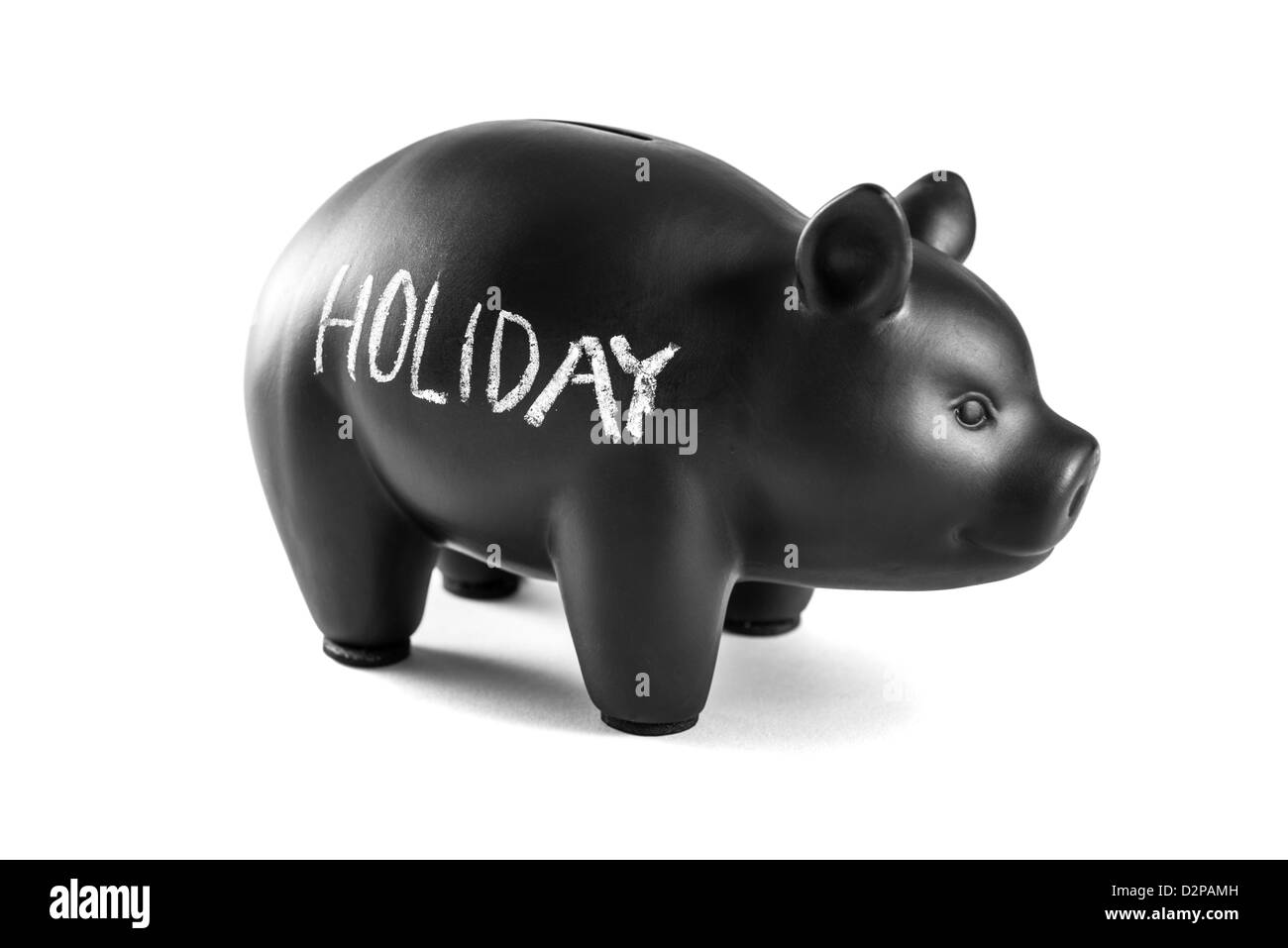 Black piggy bank on white background with 'holiday' written on it Stock Photo