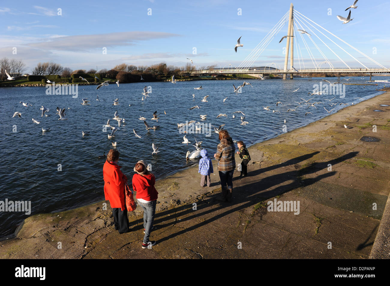 Family feeding birds, Marine Lake, Southport. Marine Way Bridge in background Stock Photo