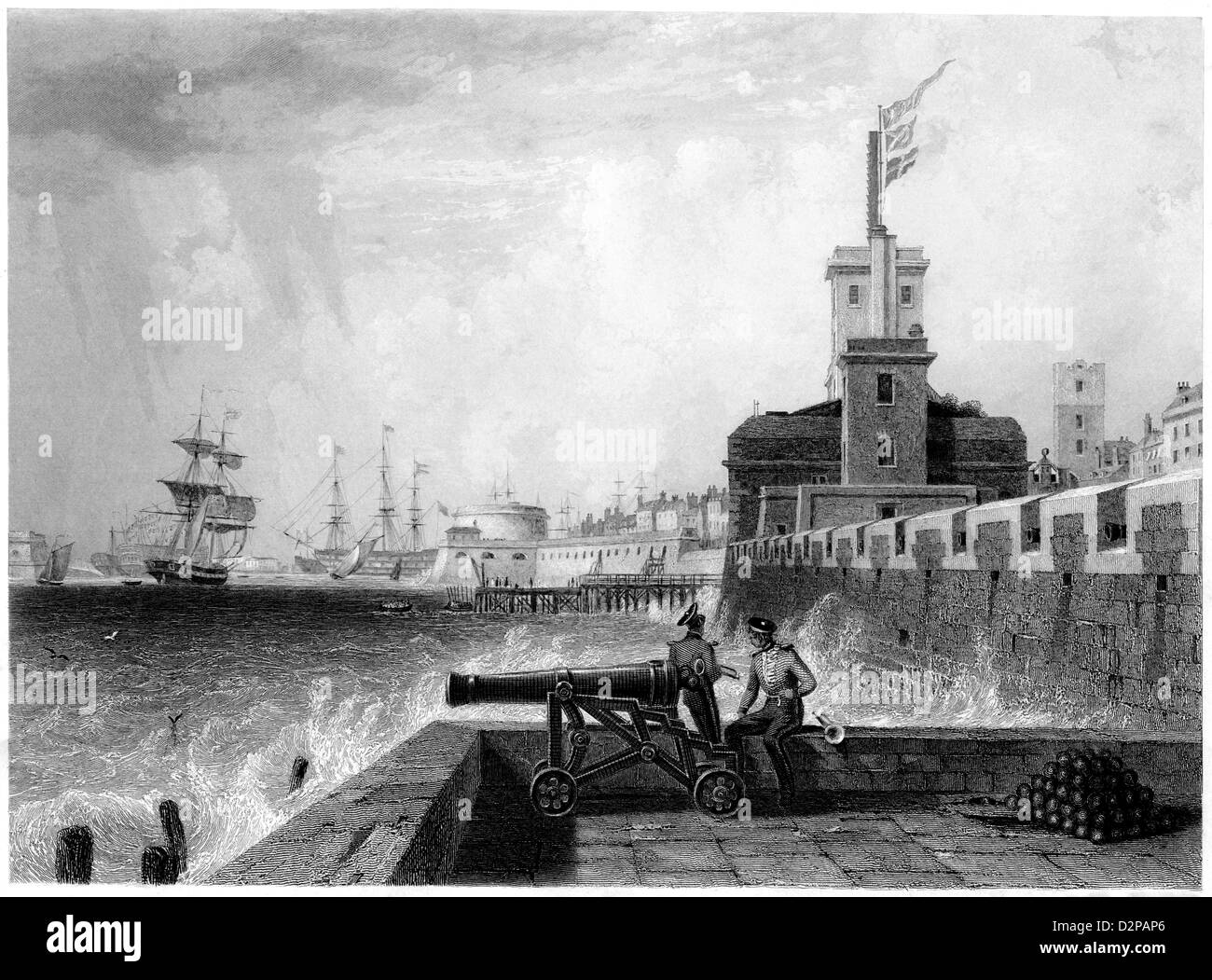 An engraving entitled ' View from the Saluting Platform, Portsmouth ' scanned at high resolution from a book published in 1842 Stock Photo