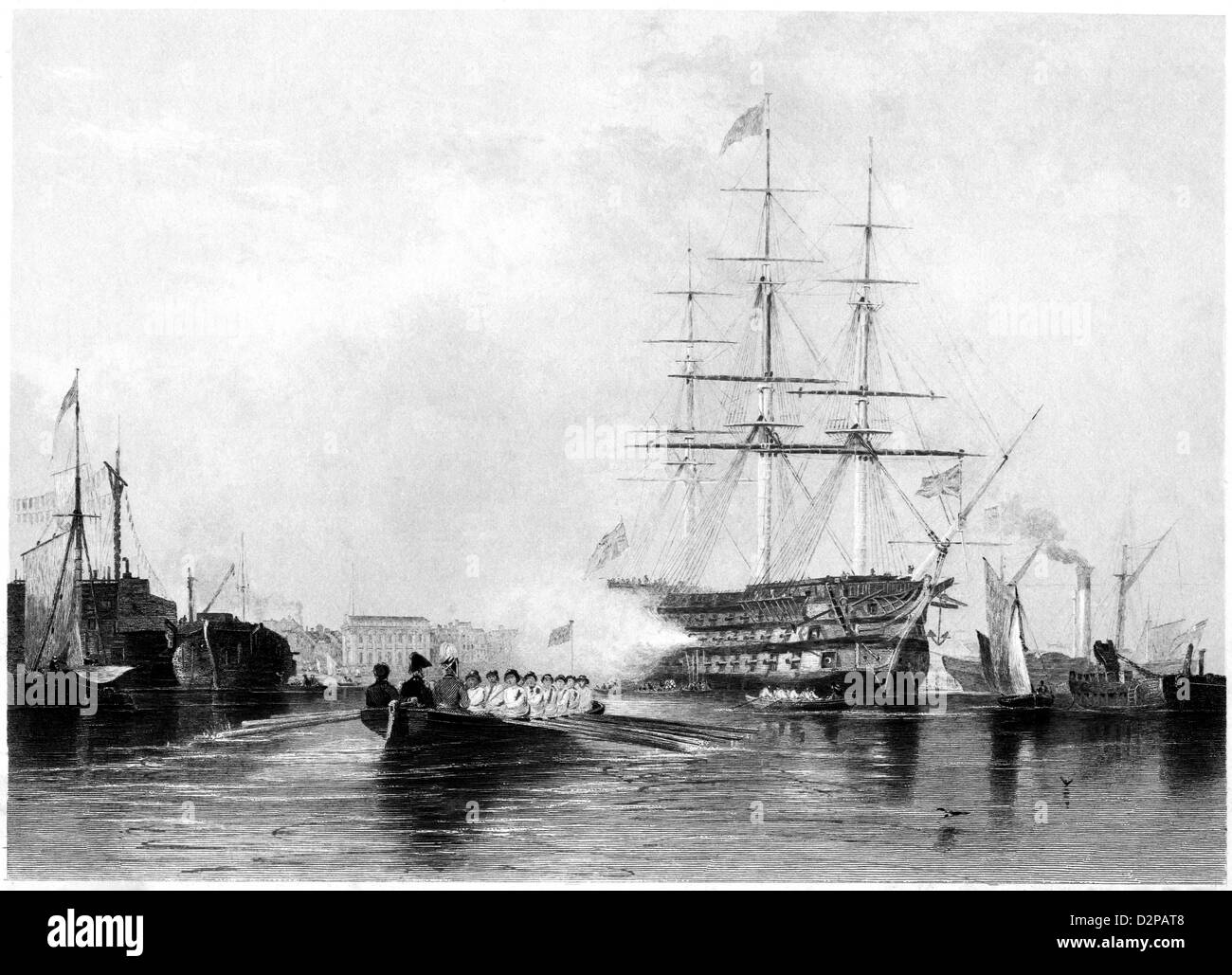 An engraving entitled ' Gosport, Flag Ship Saluting ' scanned at high resolution from a book published in 1842. Believed copyright free. Stock Photo