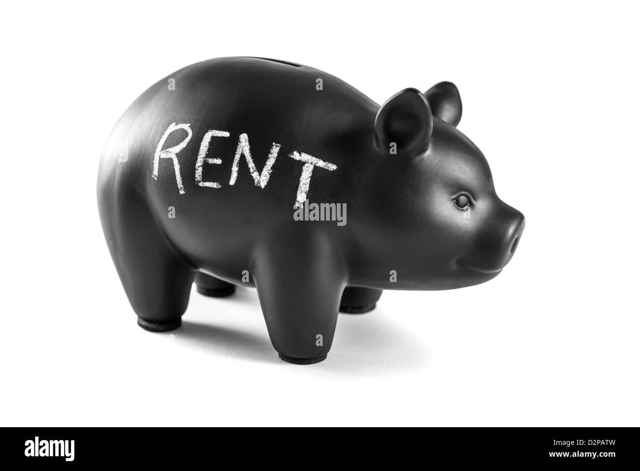 Black piggy bank on white background with 'rent' written on it Stock ...