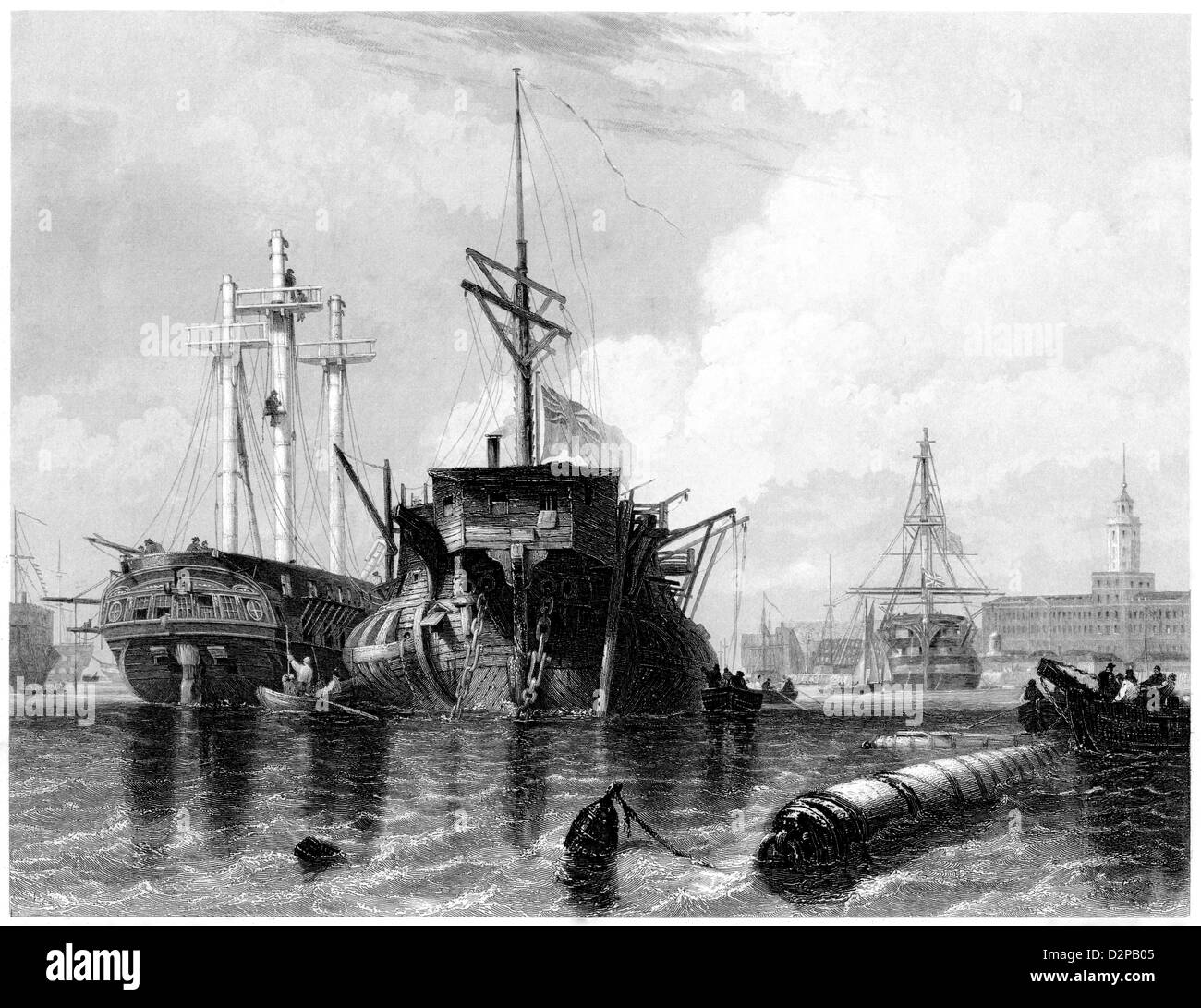 An engraving entitled ' Rigging Hulk and Frigate, Portsmouth ' scanned at high resolution from a book published in 1842. Believed copyright free. Stock Photo