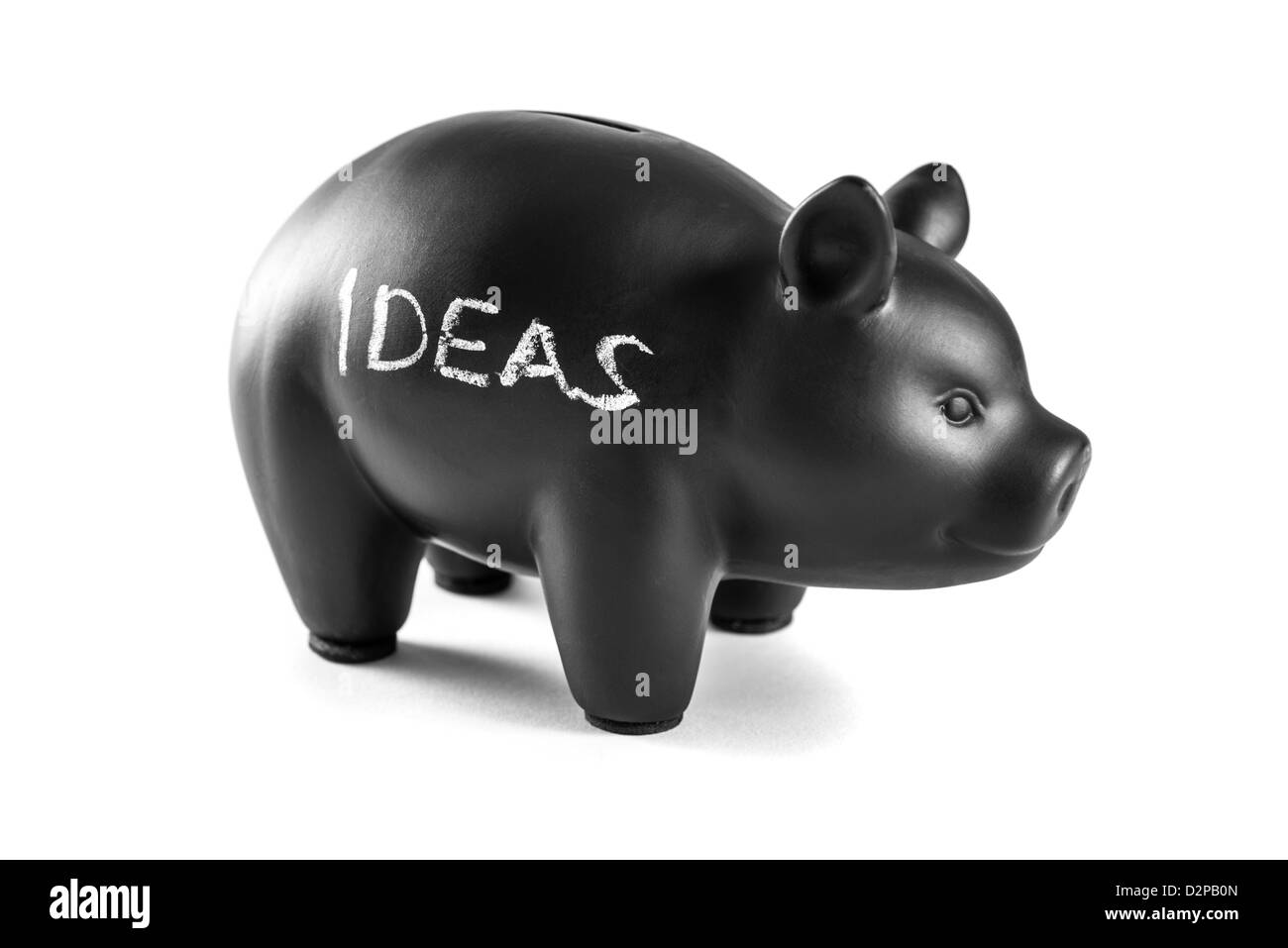 Black piggy bank on white background with 'ideas' written on it Stock Photo