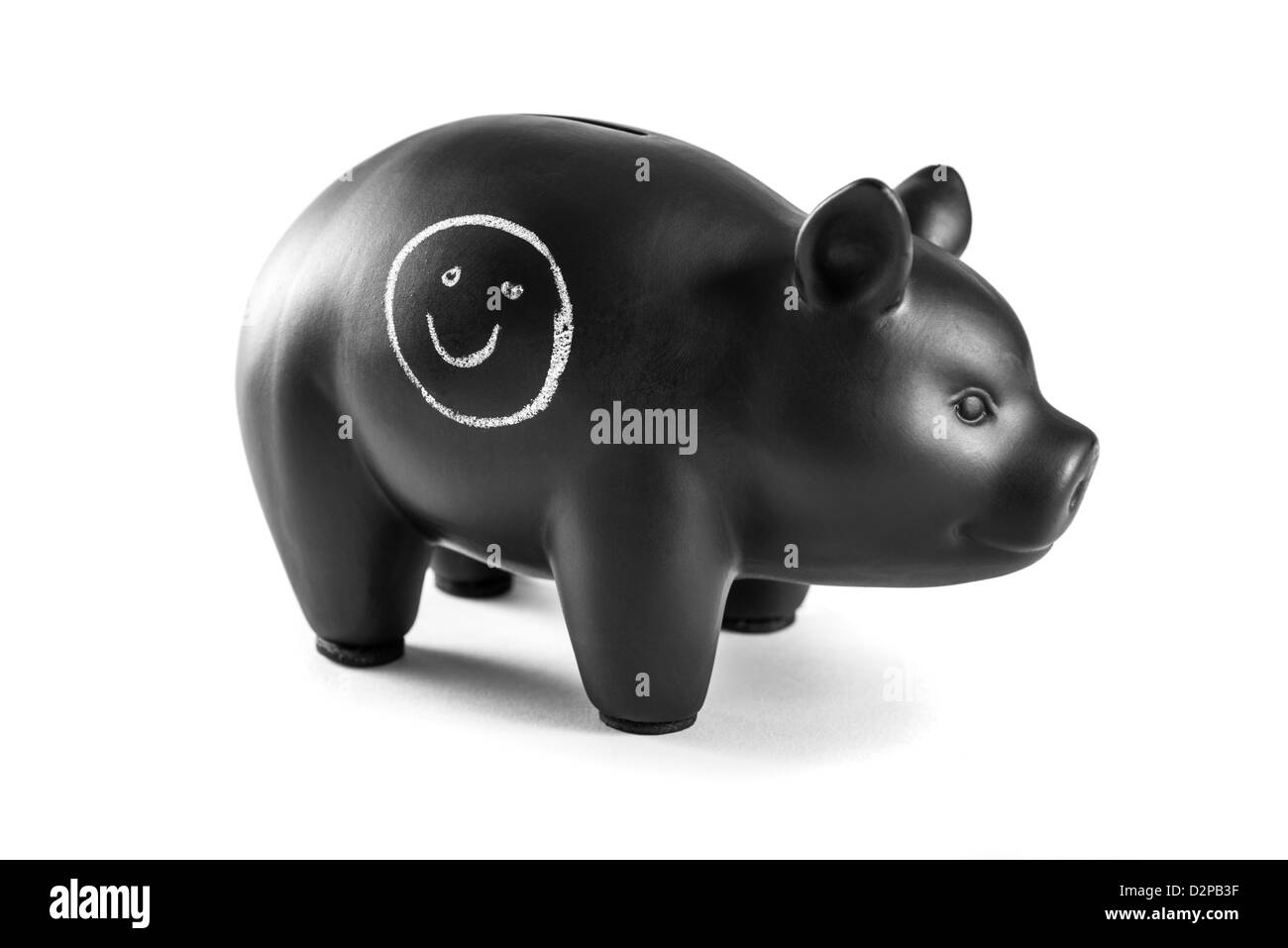 Black piggy bank on white background with happy face smiley written on