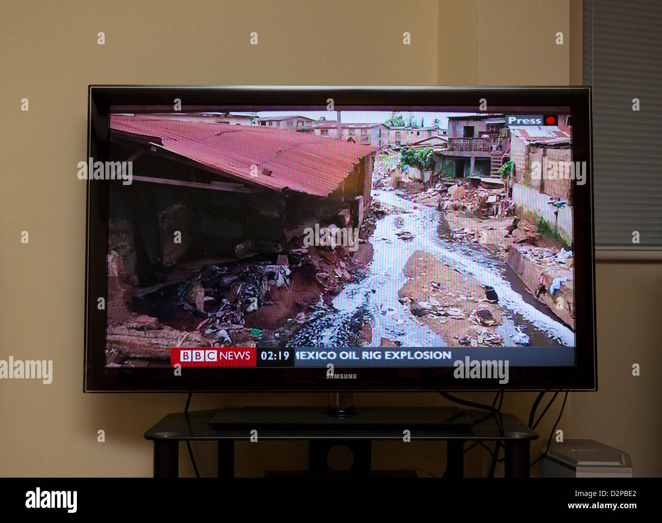 BBC News channel showing natural flooding disaster Stock Photo