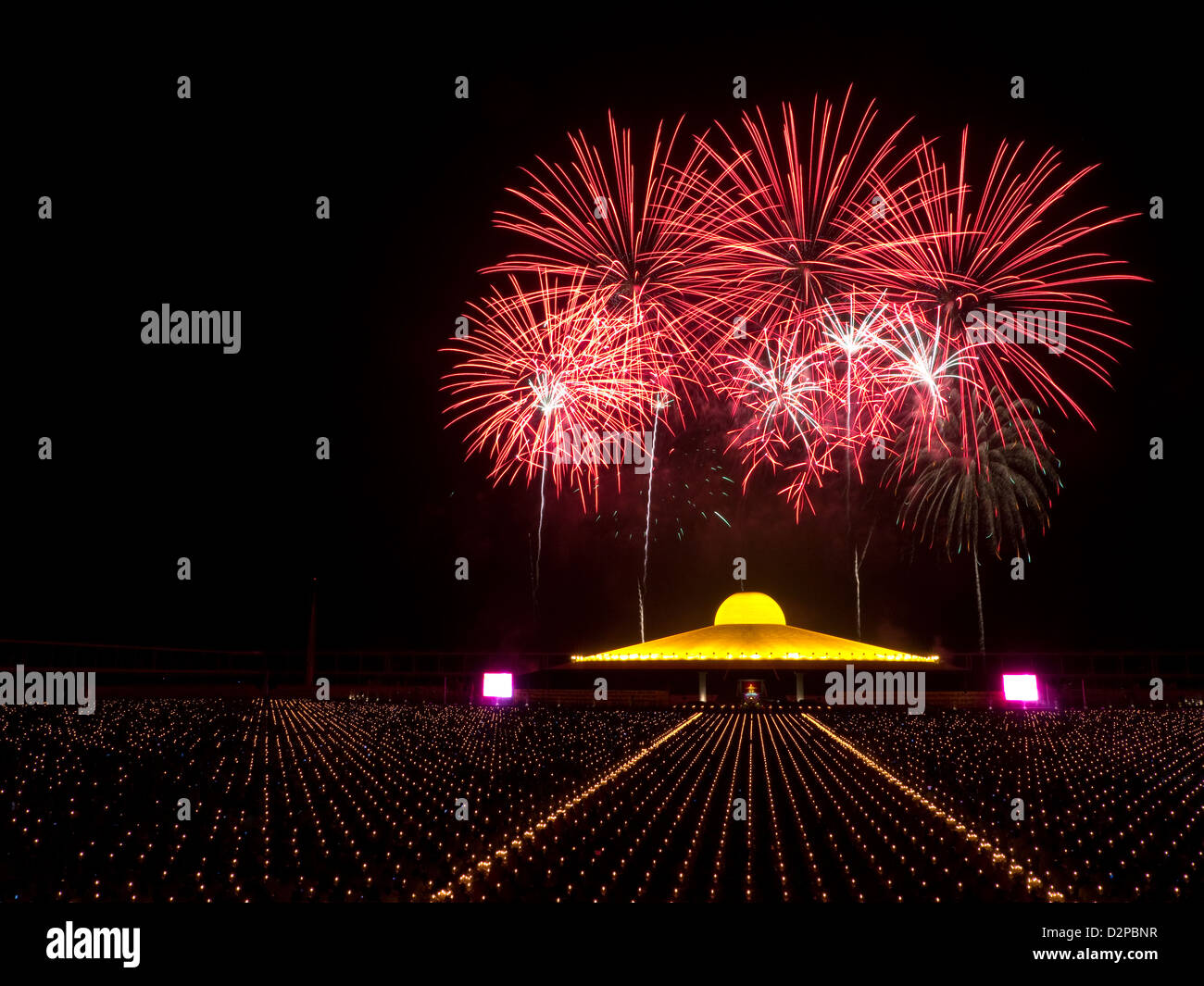 Fireworks at Wat Dhammakaya near Bangkok, Thailand. Stock Photo
