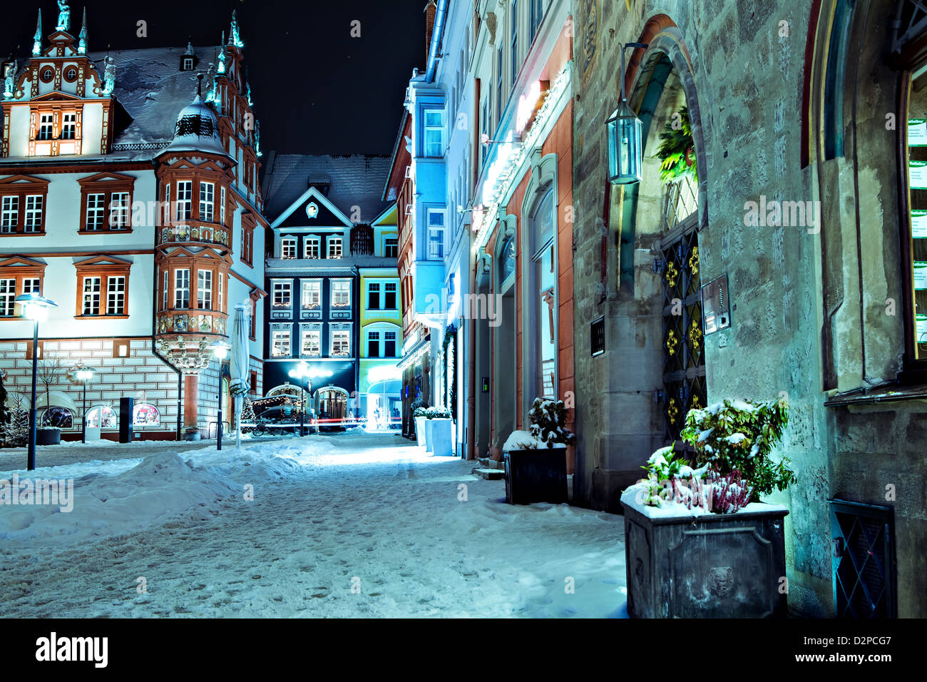 Night scenes of wintry Coburg in Bavaria, Germany Stock Photo