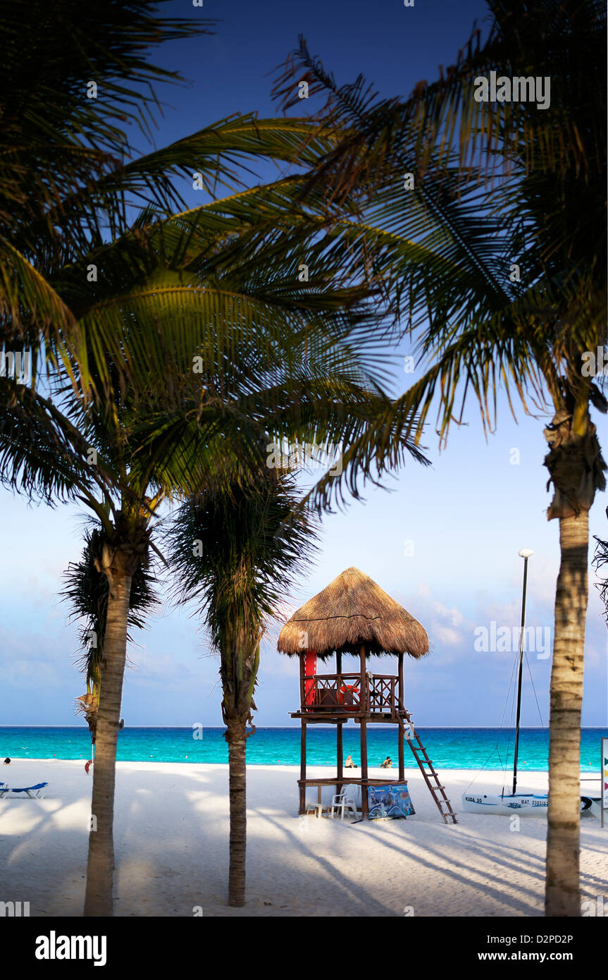 Hut on the beach amongst palm trees Stock Photo