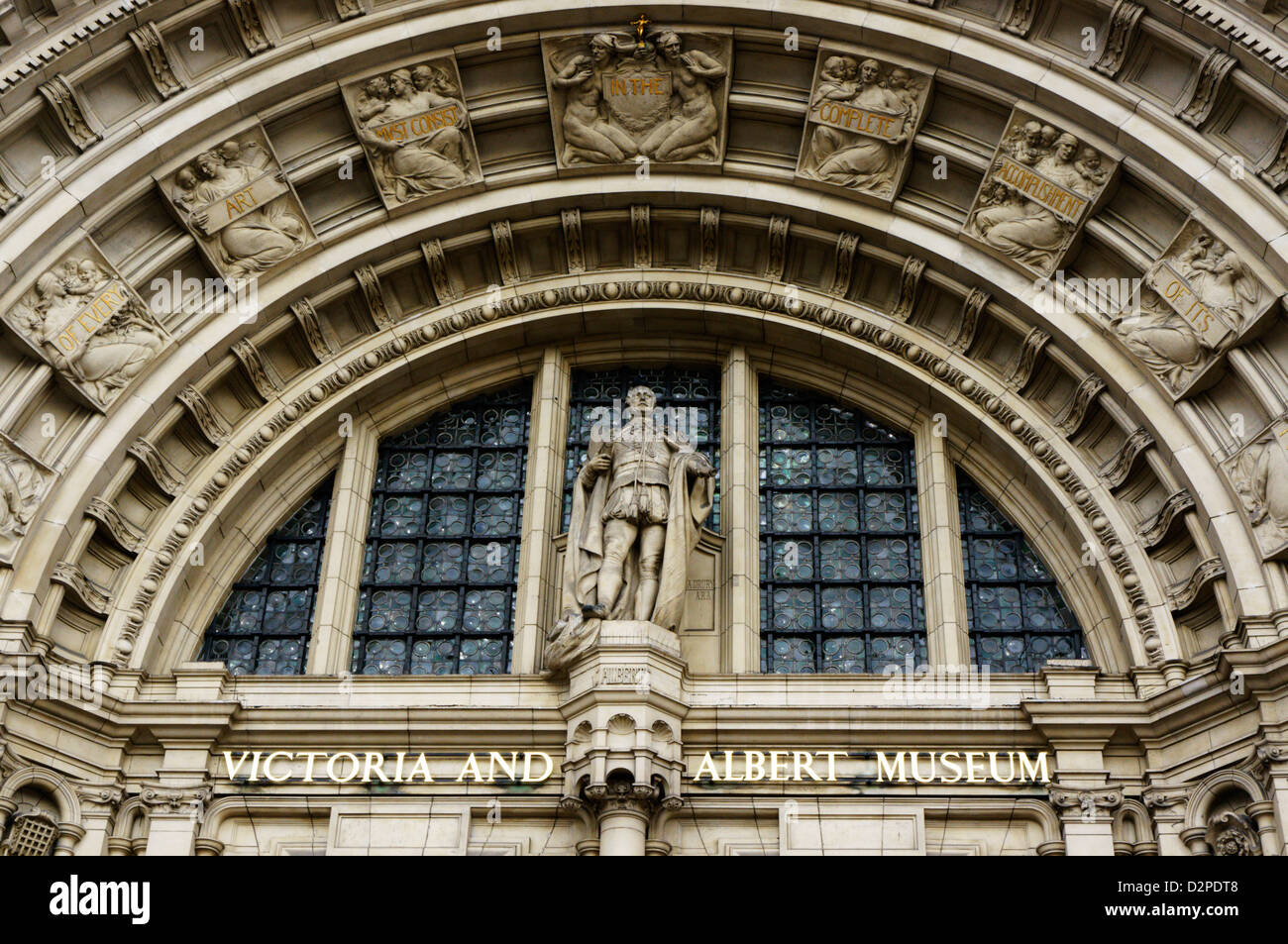 The carved archway over the main entrance to the Victoria and Albert Museum in London. Stock Photo