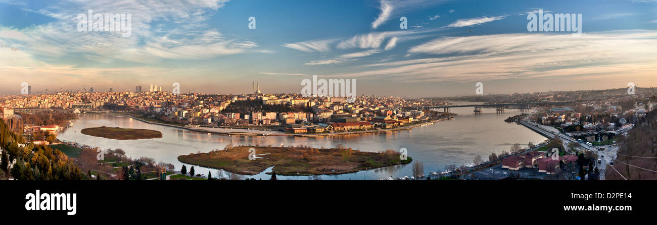 ISTANBUL TURKEY - Wide panoramic view of Golden Horn with Halic Bridge, minarets, mosques, Galata tower, Eyup cable car from Pierre Loti viewpoint Stock Photo