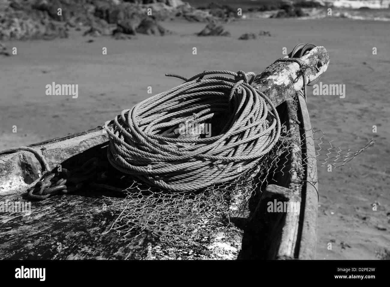 View of  old fishing boat and reel, onto an oceanic beach, Gran Canaria, Canary Islands, Spain Stock Photo