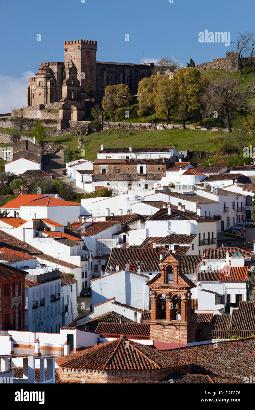 View over town and Iglesia del Castillo, 13th century Gothic-Mudejar church, and the ruined moorish castle Stock Photo