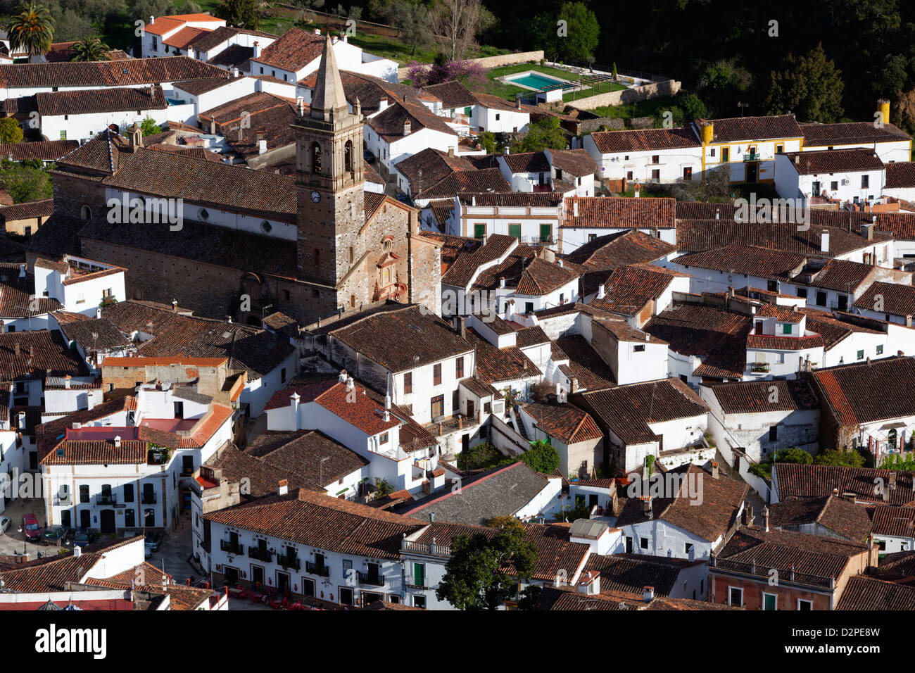 view over village from Pena de Arias Montano Stock Photo