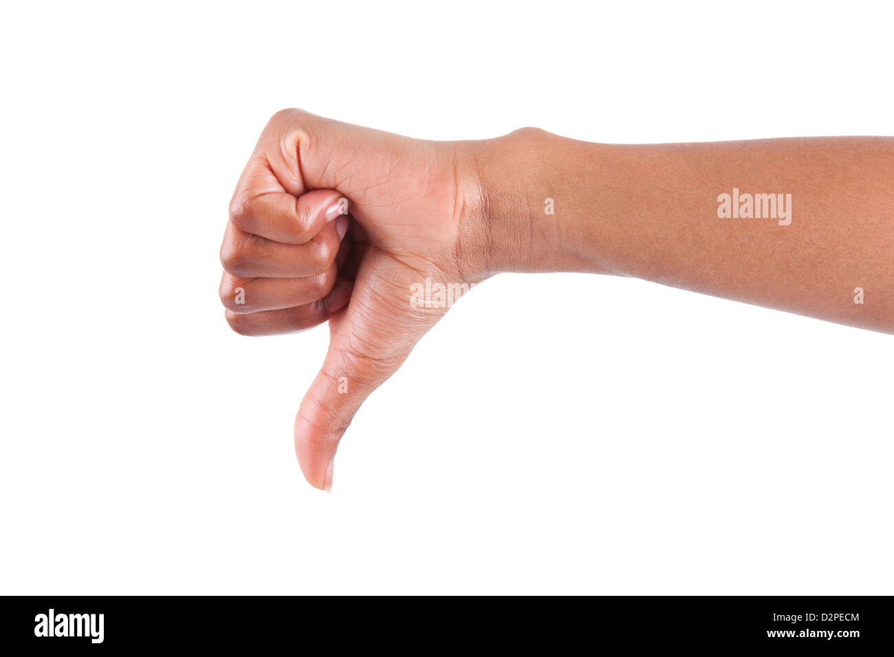African American woman Hand making thumbs down gesture, isolated on white background Stock Photo