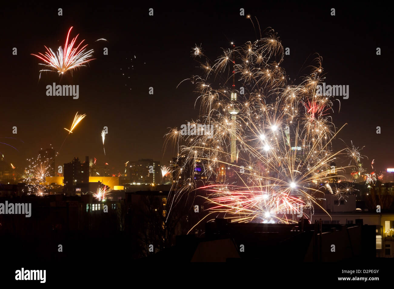 Berlin, Germany, New Year's Eve fireworks in BerlinMitte Stock Photo