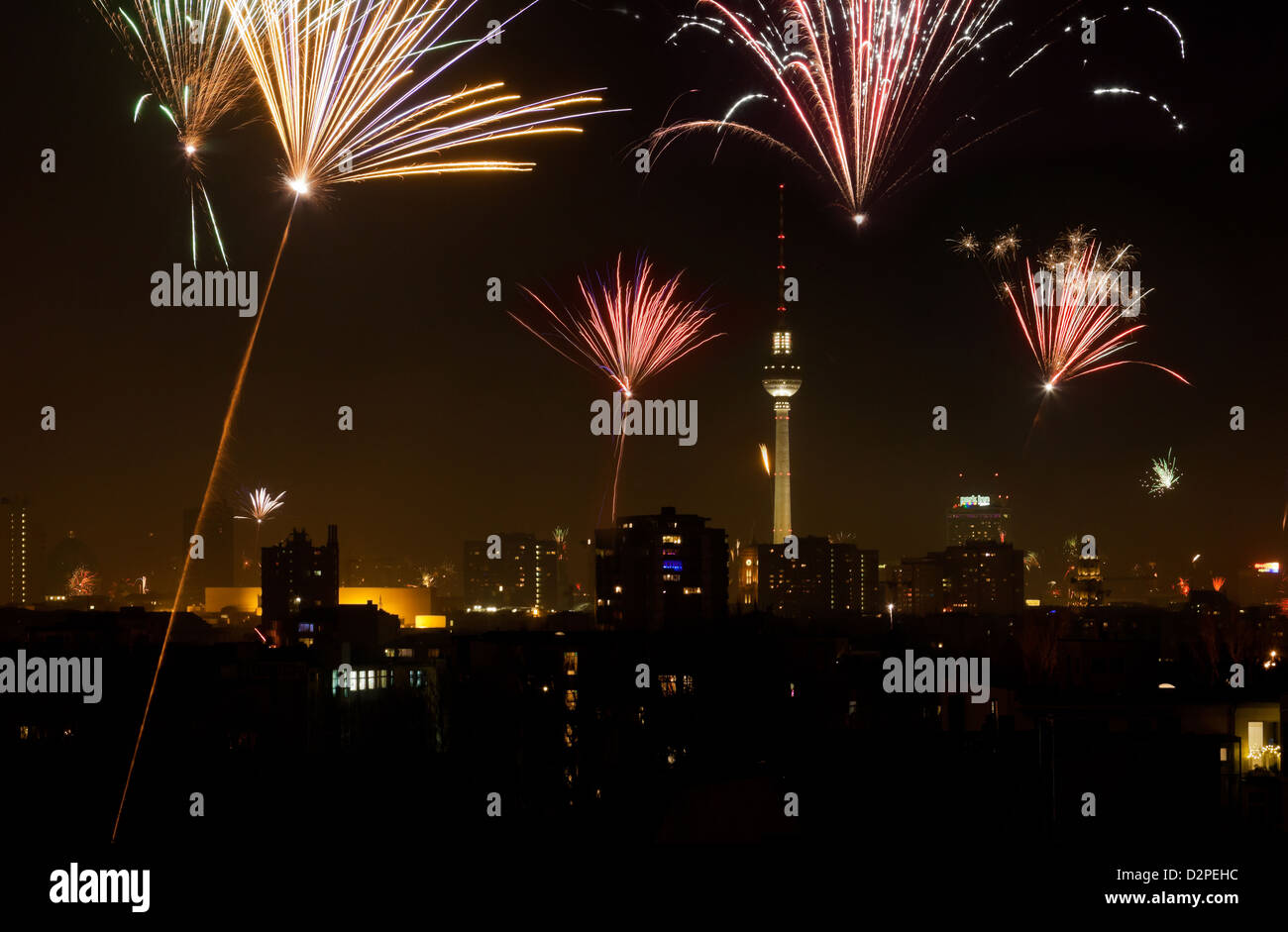 Berlin, Germany, New Year's Eve fireworks in BerlinMitte Stock Photo