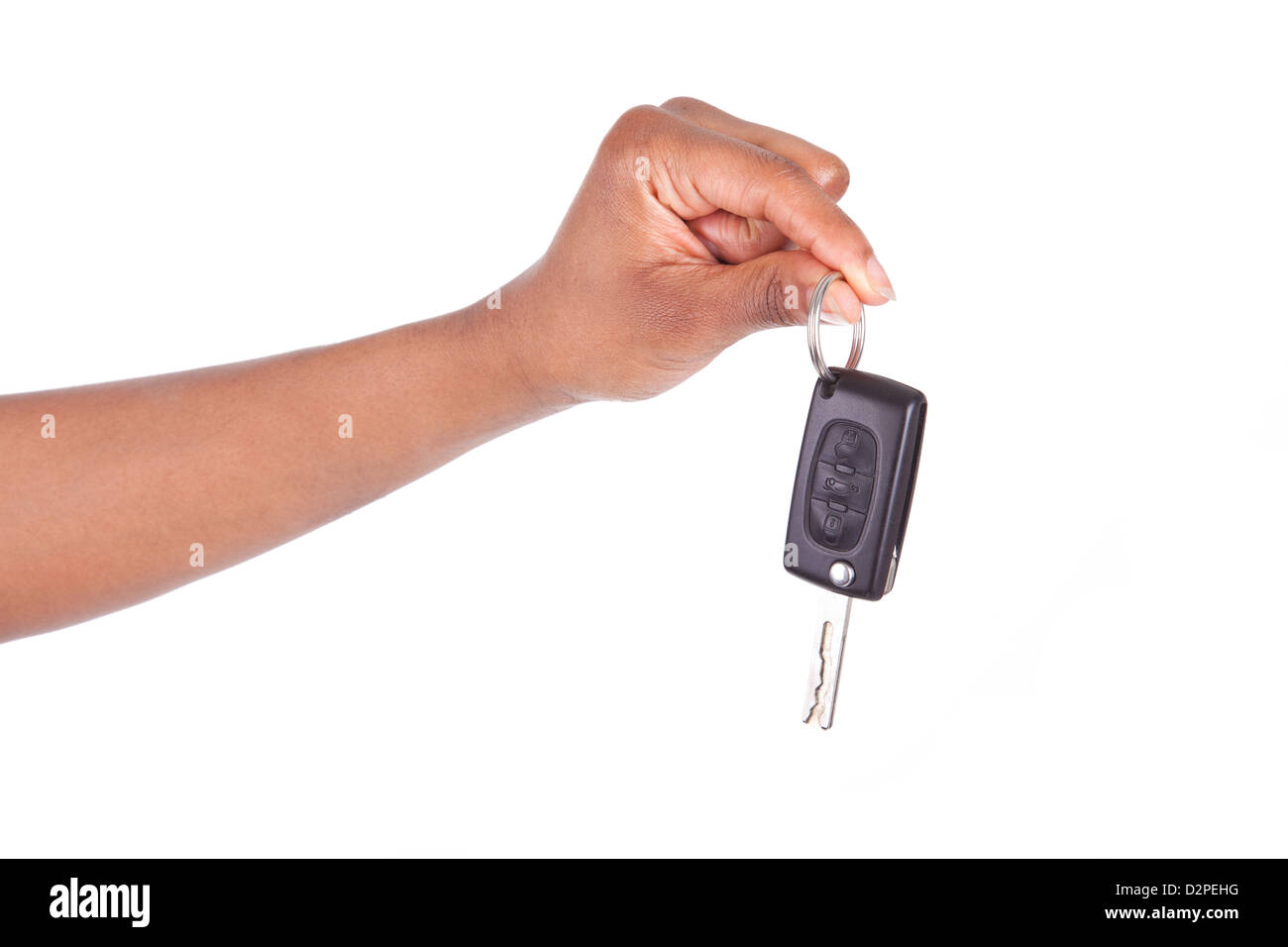 African American woman Hand Holding New Car Key, isolated on white background Stock Photo