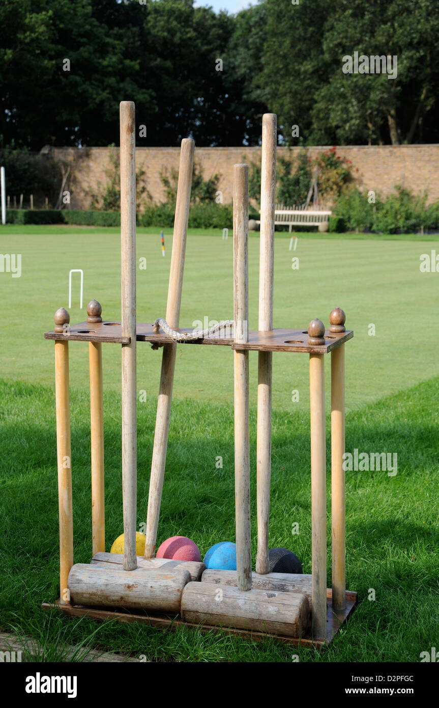 Croquet set on lawn Stock Photo Alamy
