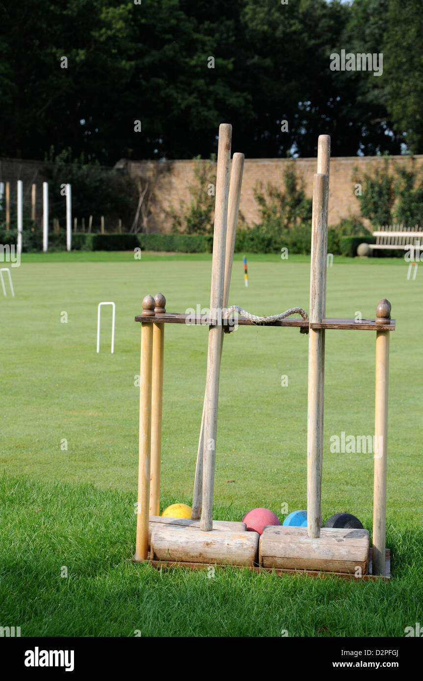 Croquet set on lawn Stock Photo Alamy