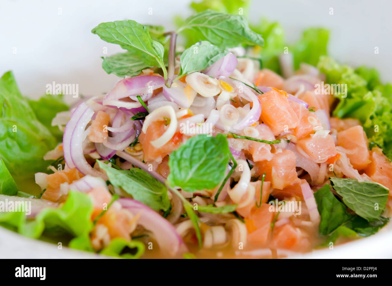 spicy salmon salad with mixed vegetable and herb Stock Photo Alamy