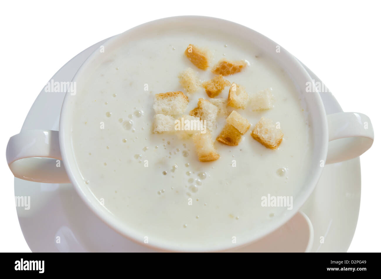 top view mushroom cream soup in white bowl Stock Photo