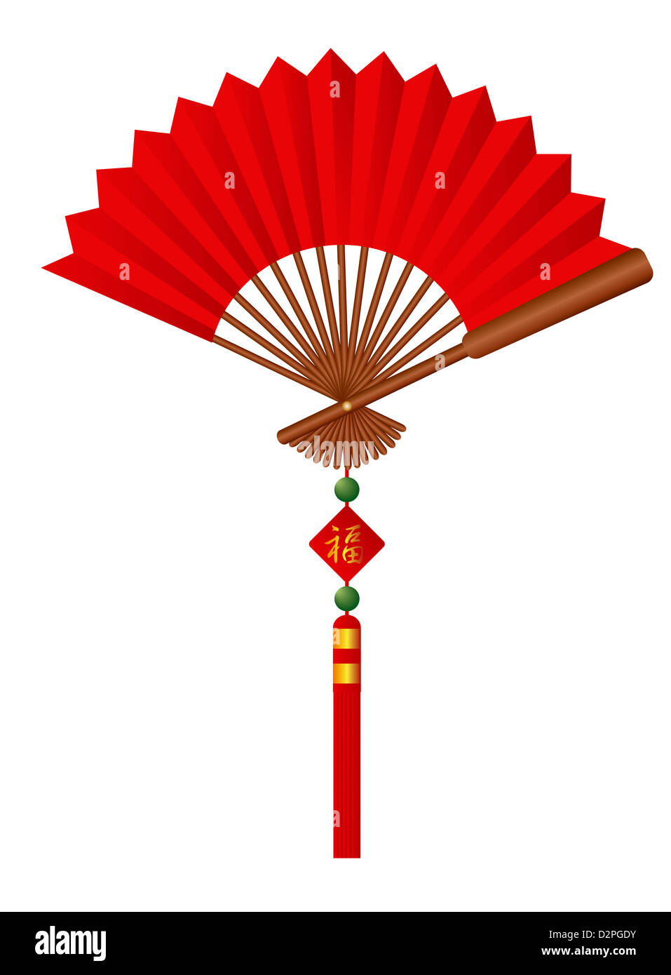Red Chinese Paper Fan with Tassel Jade Beads and Sign with Good Fortune Text Illustration Stock Photo