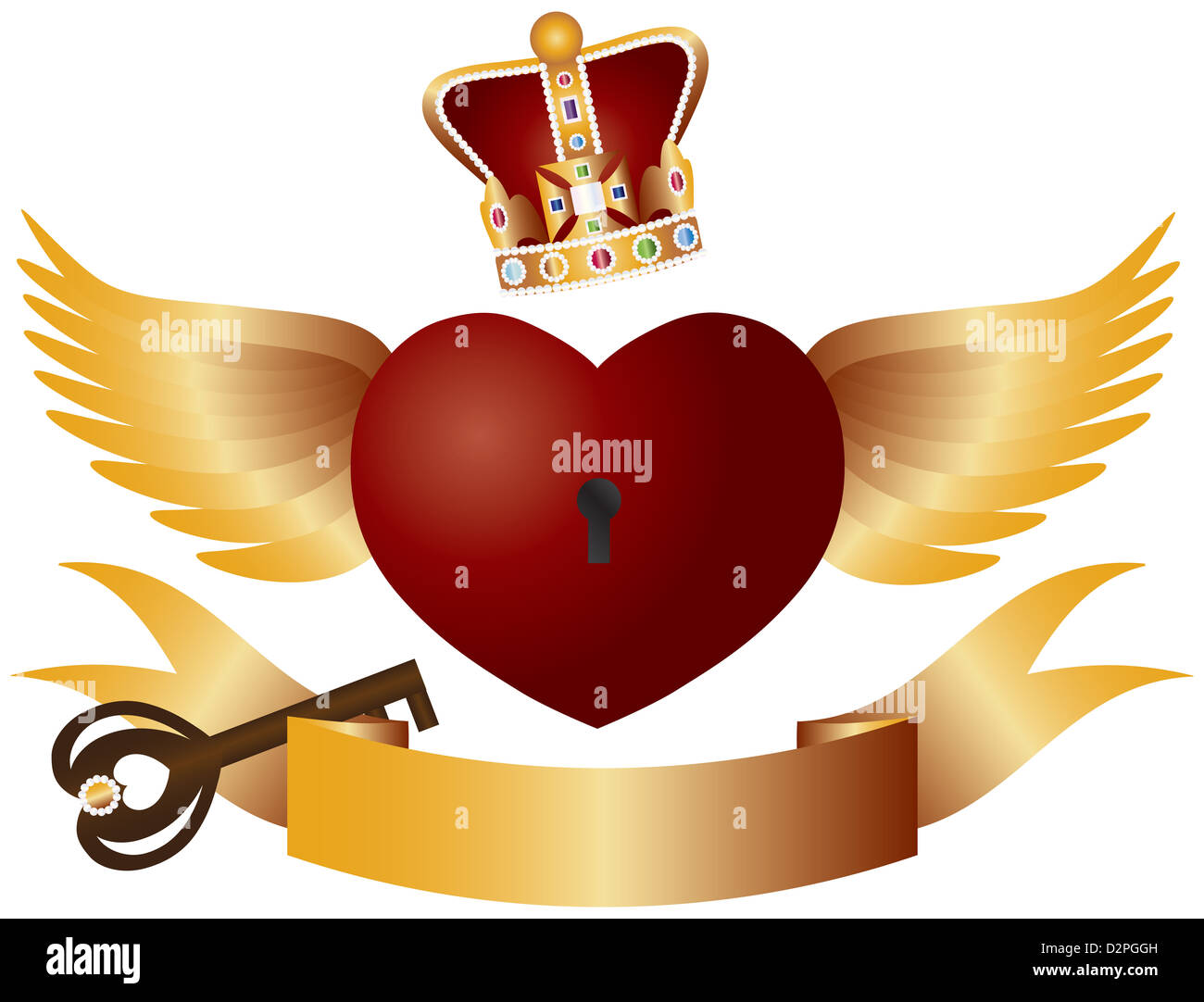 Flying Red Heart with Crown Jewels Wings Banner and Key Illustration Stock Photo