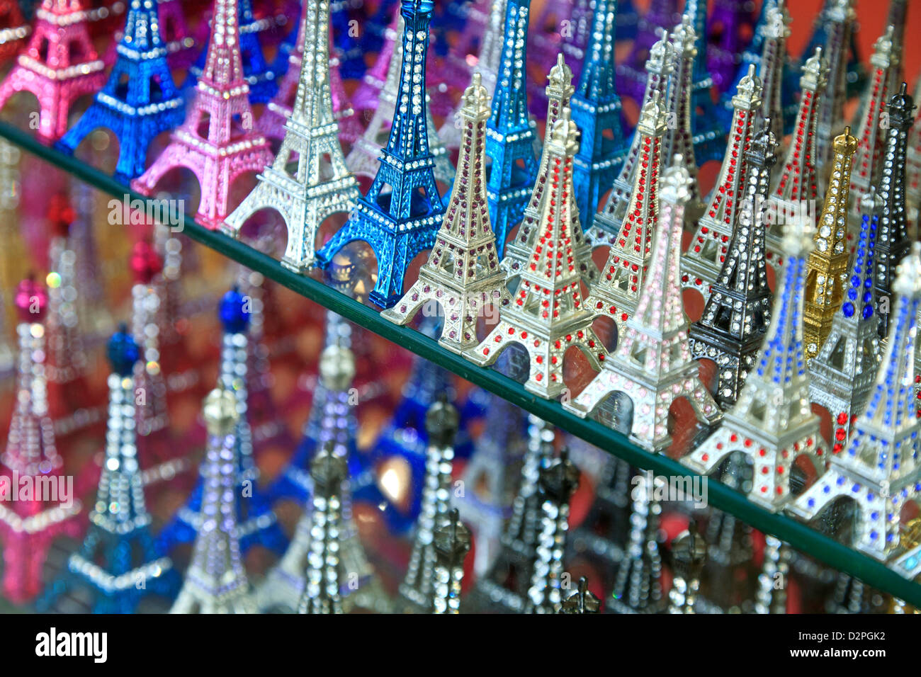 Miniature Eiffel Tower souvenirs, Paris, France Stock Photo