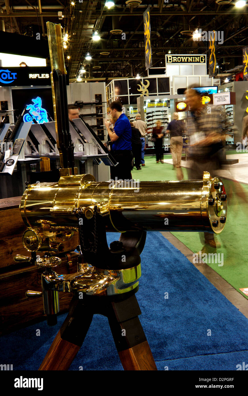Vintage polished brass barrel Colt 1877 Gatling machine gun Las Vegas SHOT Show Stock Photo